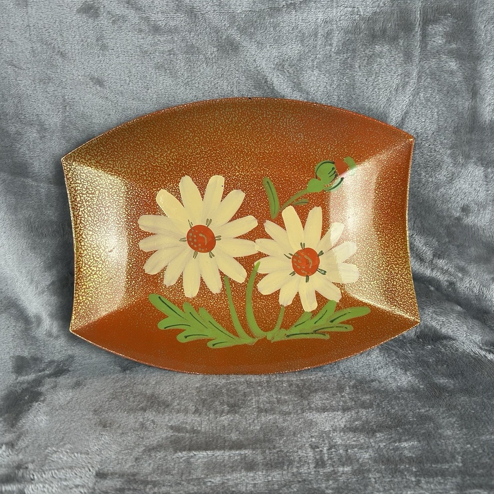 Vintage Mid Century Modern 1960s Flower Orange With Gold Plate Lacquer Ware